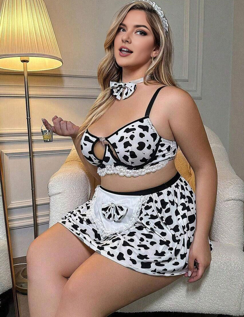 Plus Size Cow Print Maid Costume Lingerie Set