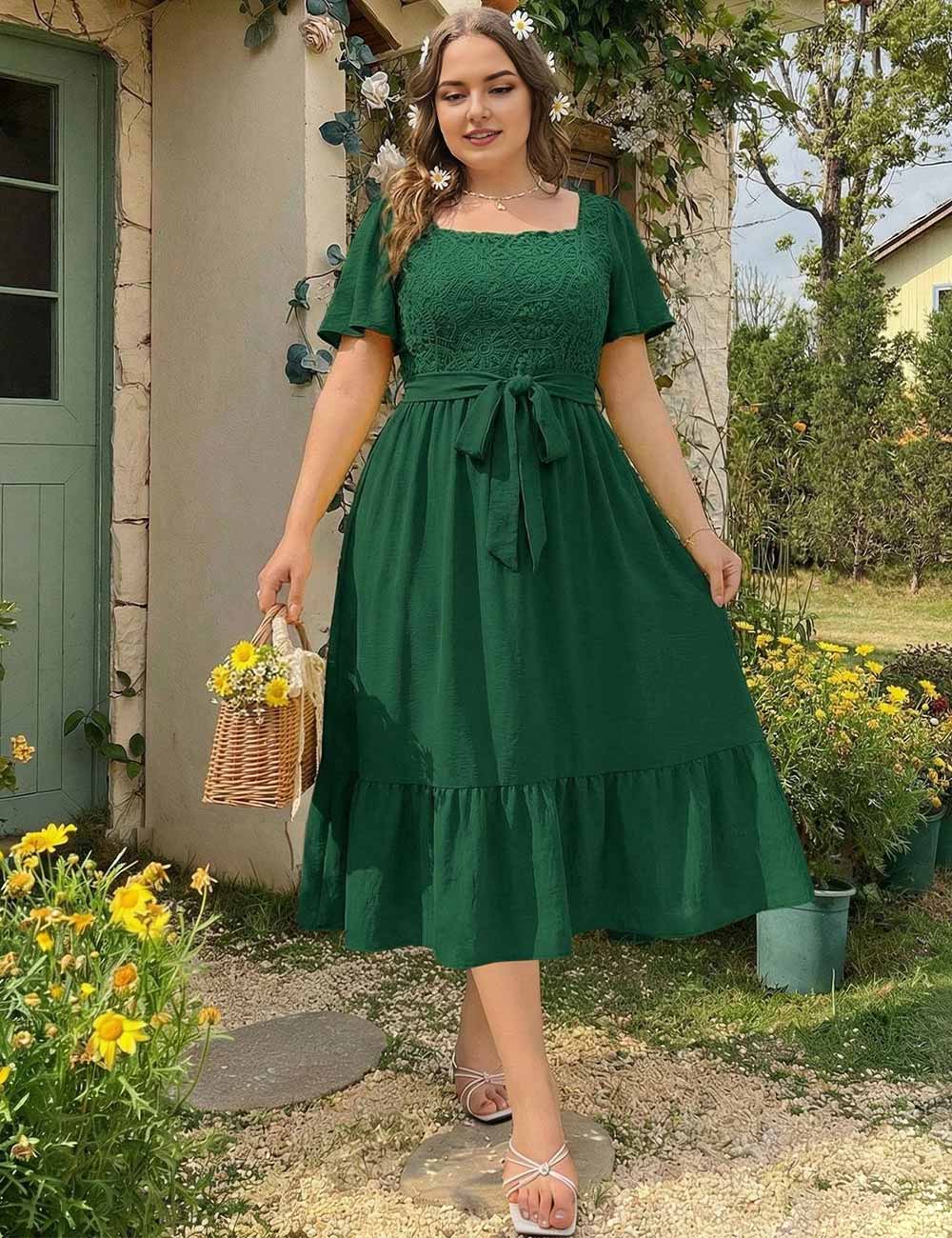 Plus Size Green Patchwork Lace Ruffle Short Sleeve Dress