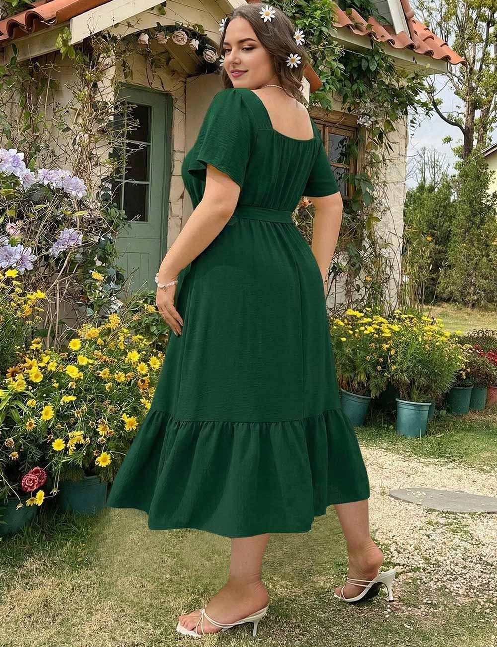 Plus Size Green Patchwork Lace Ruffle Short Sleeve Dress Back View