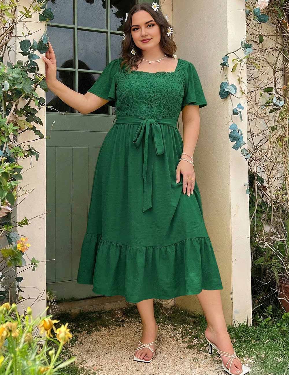 Plus Size Green Patchwork Lace Ruffle Short Sleeve Dress with Belt