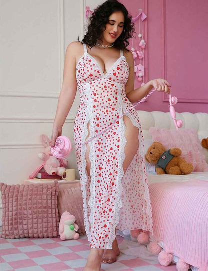 Plus Size Heart Print High Slit Maxi Lingerie Dress