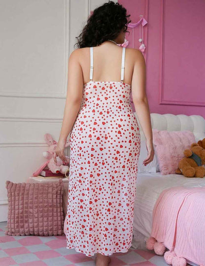Plus Size Heart Print High Slit Long Lingerie Dress