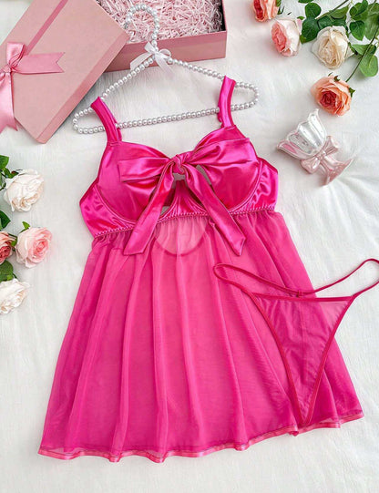 Plus Size Hot Pink Bow Cutout Mesh Babydoll Lingerie