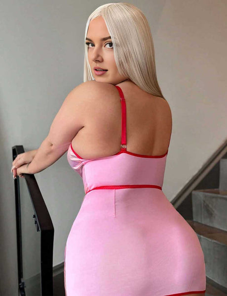 Pink Plus Size PU Leather Nurse Costume Bodycon Lingerie Nightgown