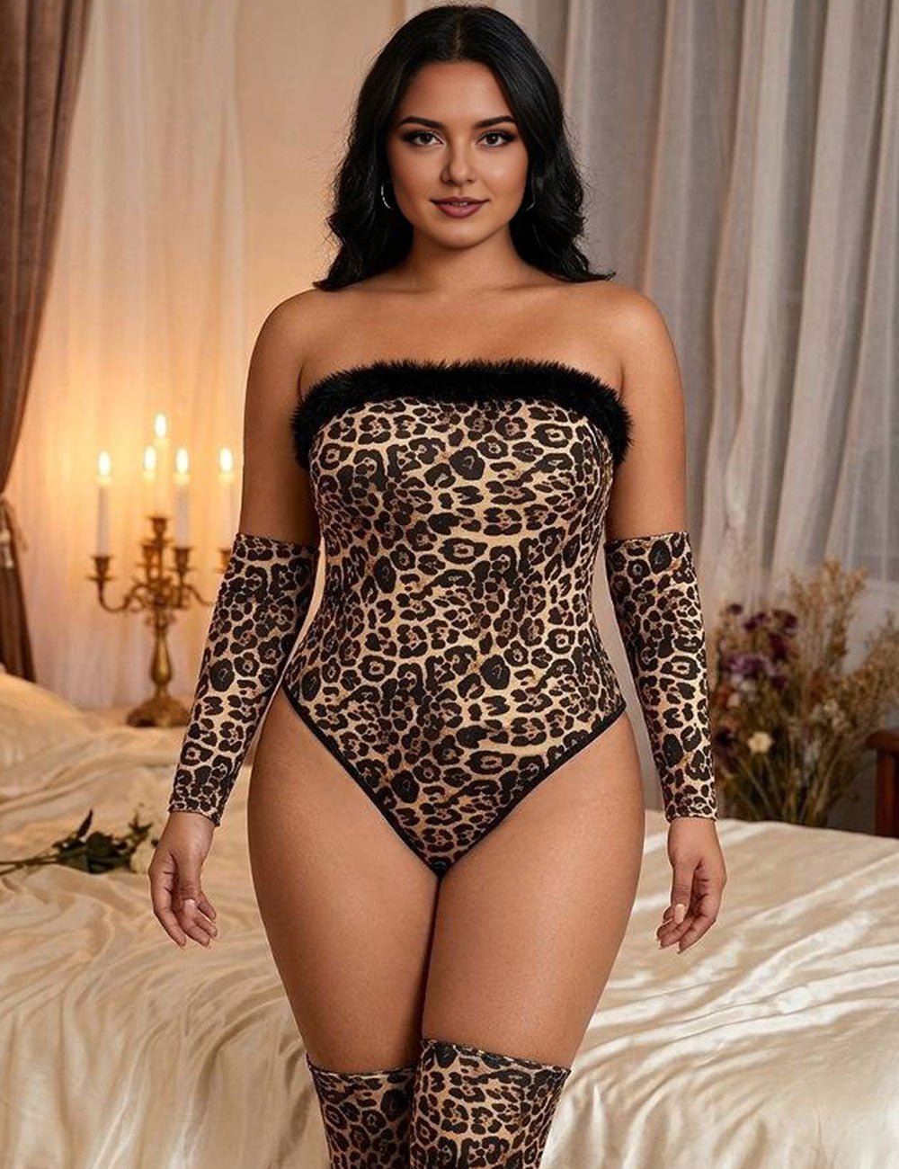 Plus Size Leopard Print Feather Trim Bandeau Bodysuit