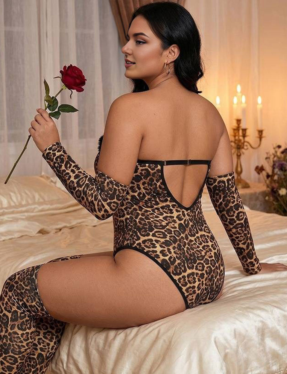 Curve Leopard Print Feather Trim Bandeau Bodysuit