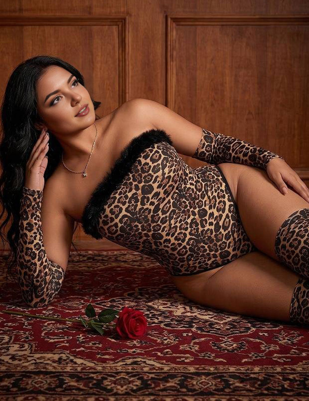 Plus Size Leopard Print Feather Trim Tube Bodysuit
