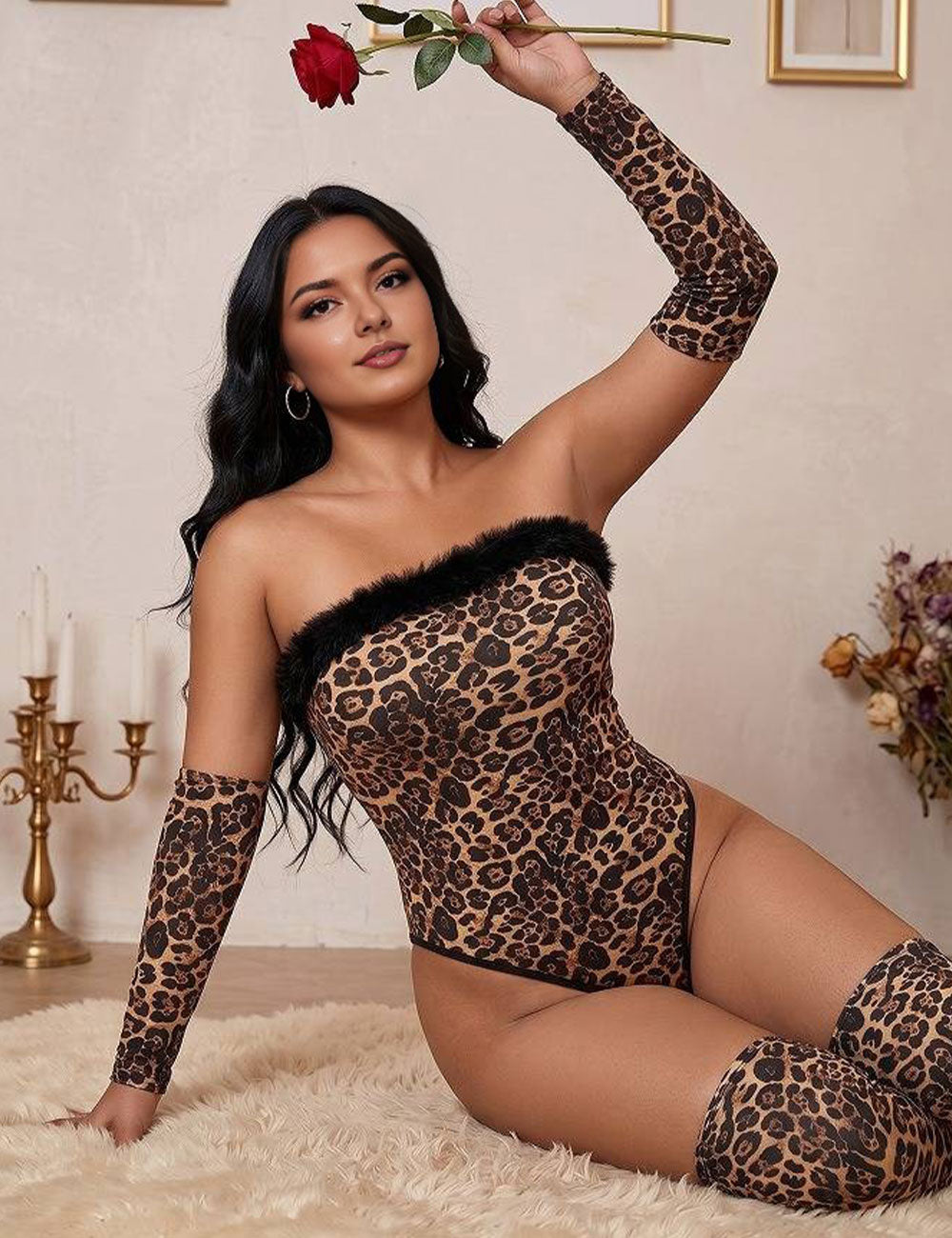 Plus Size Leopard Print Feather Trim Strapless Bodysuit