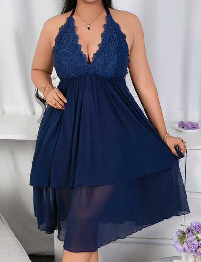 Navy Blue Plus Size Lace Halter Lingerie Dress