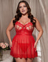 Plus Size Red Sheer Lace Underwire Babydoll Lingerie
