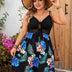 Plus Size Tropical Leaf Print Tie-Front Black Spaghetti Strap Dress
