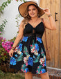 Plus Size Tropical Leaf Print Tie-Front Black Spaghetti Strap Dress