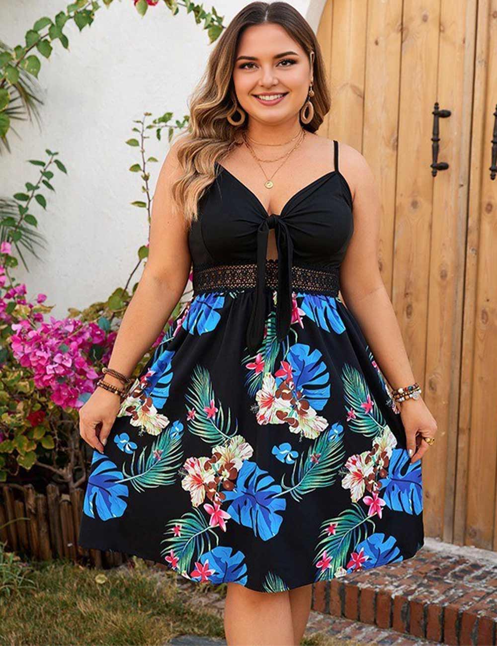 Plus Size Tie-Front Short Black Spaghetti Strap Dress 