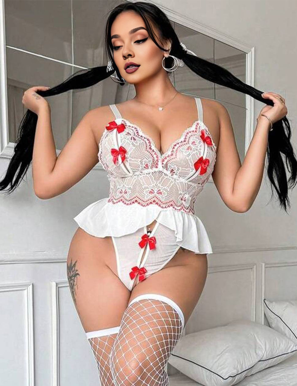 Plus Size White Lace Bow Ruffle Teddy