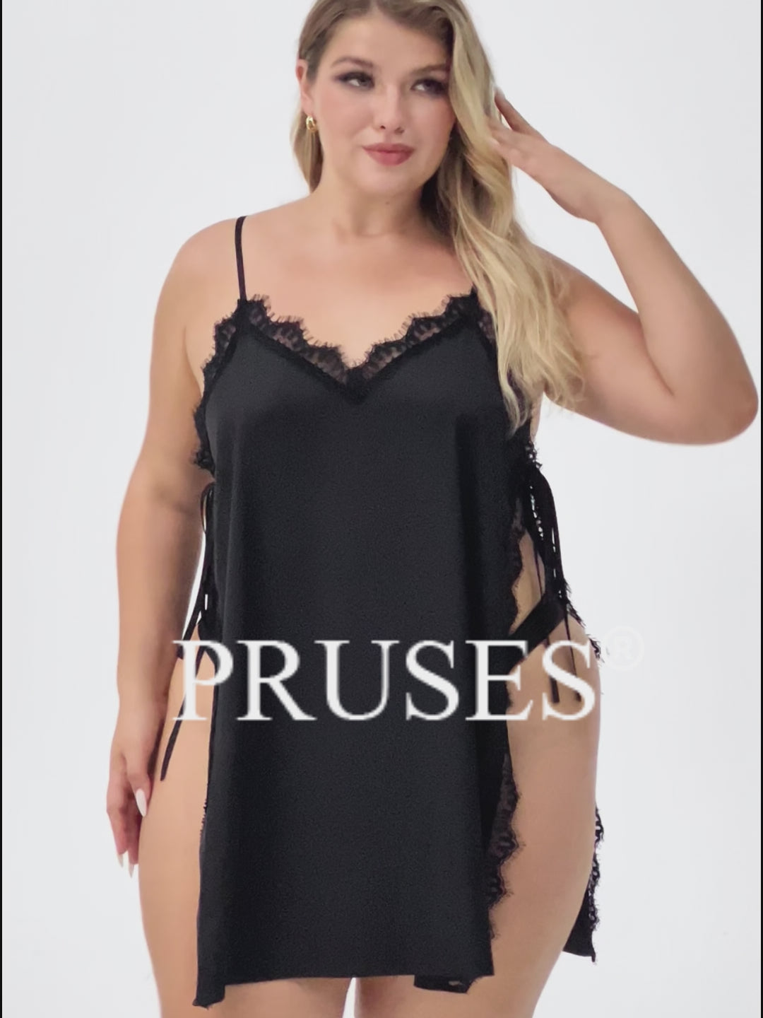 Women Plus Size Lace Trim Side Tie High Slit Satin Nightgown