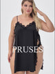 Women Plus Size Lace Trim Side Tie High Slit Satin Nightgown