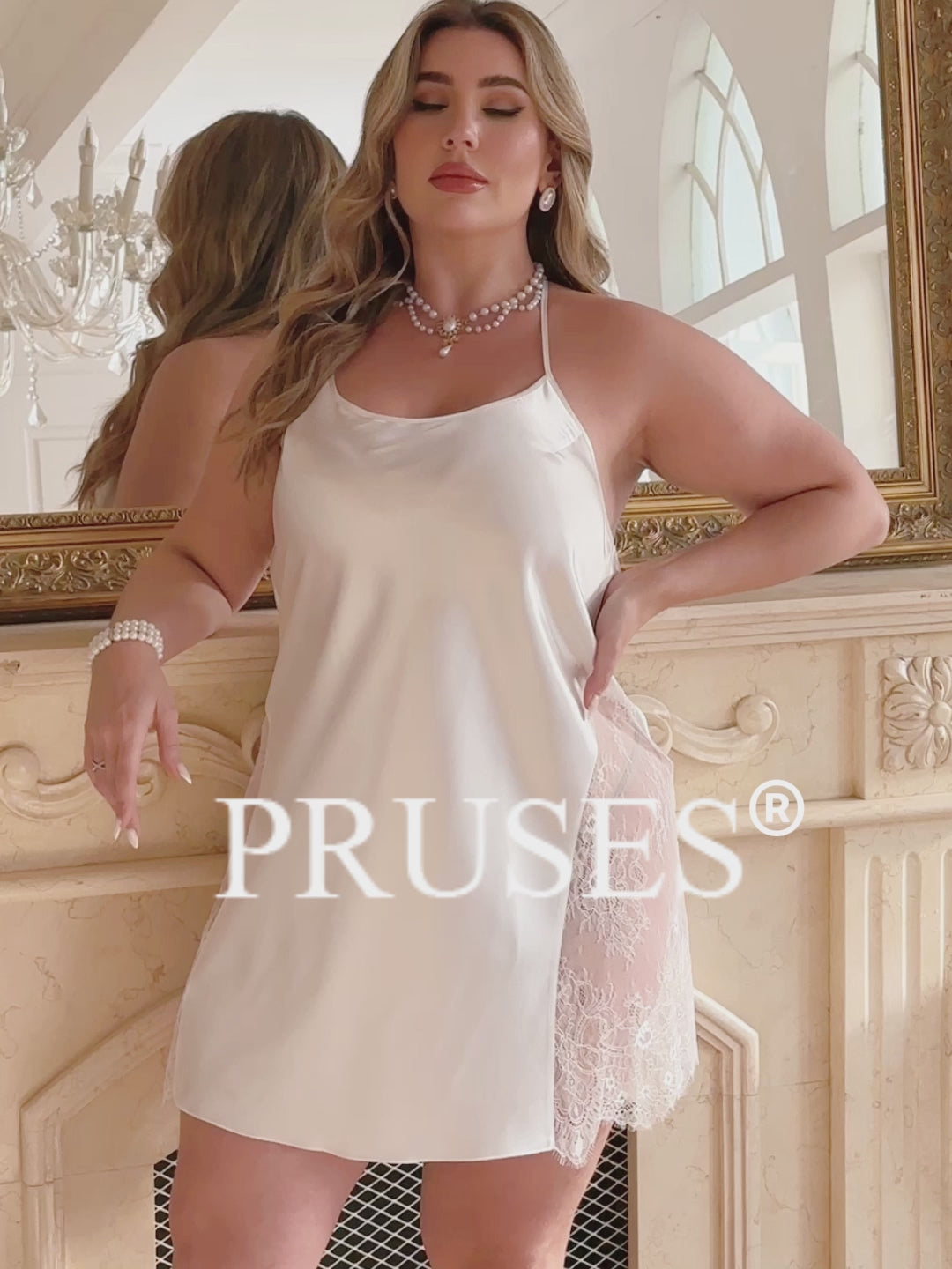 Women Plus Size Satin Lace Panel Spaghetti Strap Nightgown Video