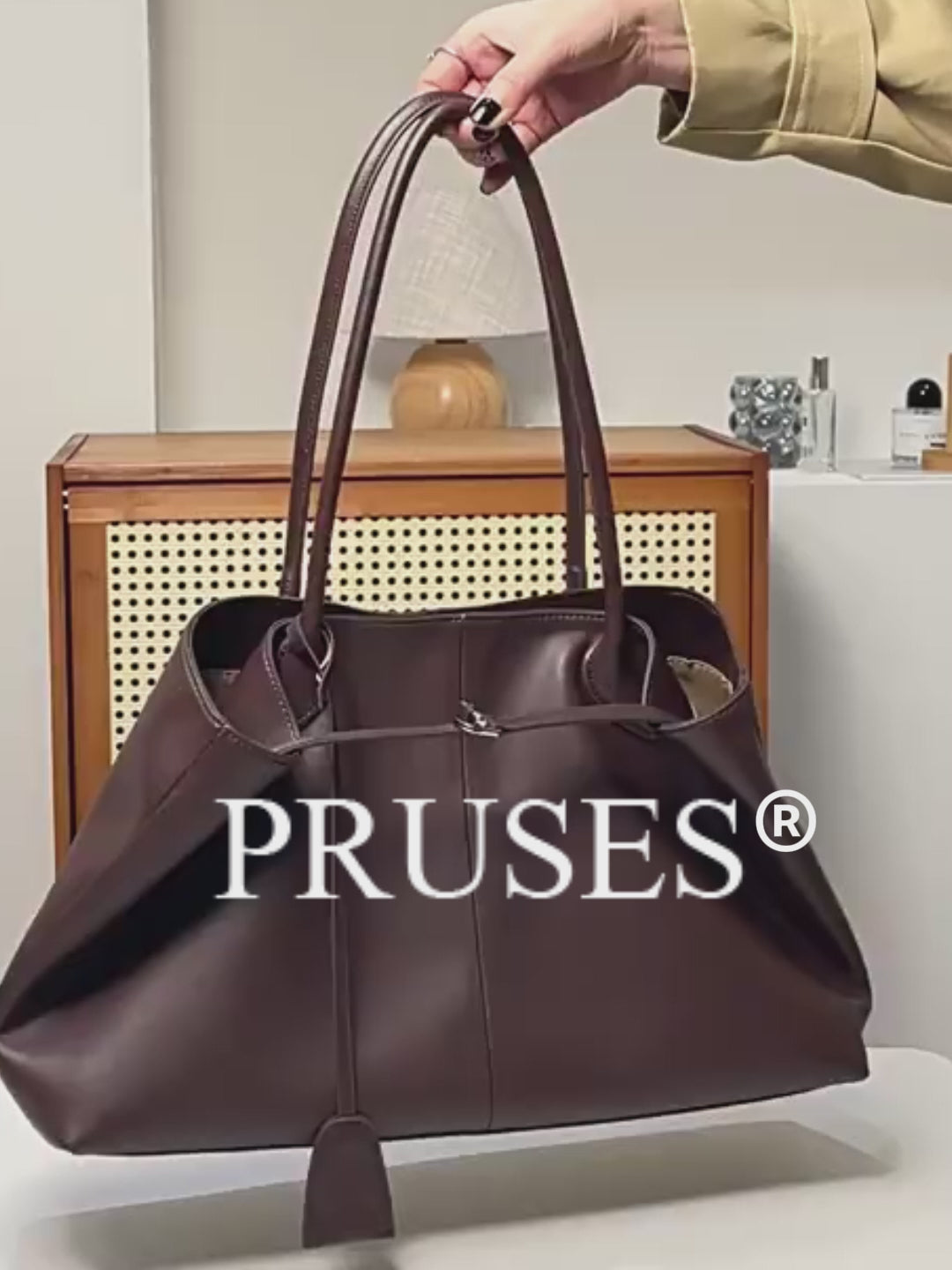  Minimalist Genuine Leather Large Capacity Tote Bag detail PRUSES vedio