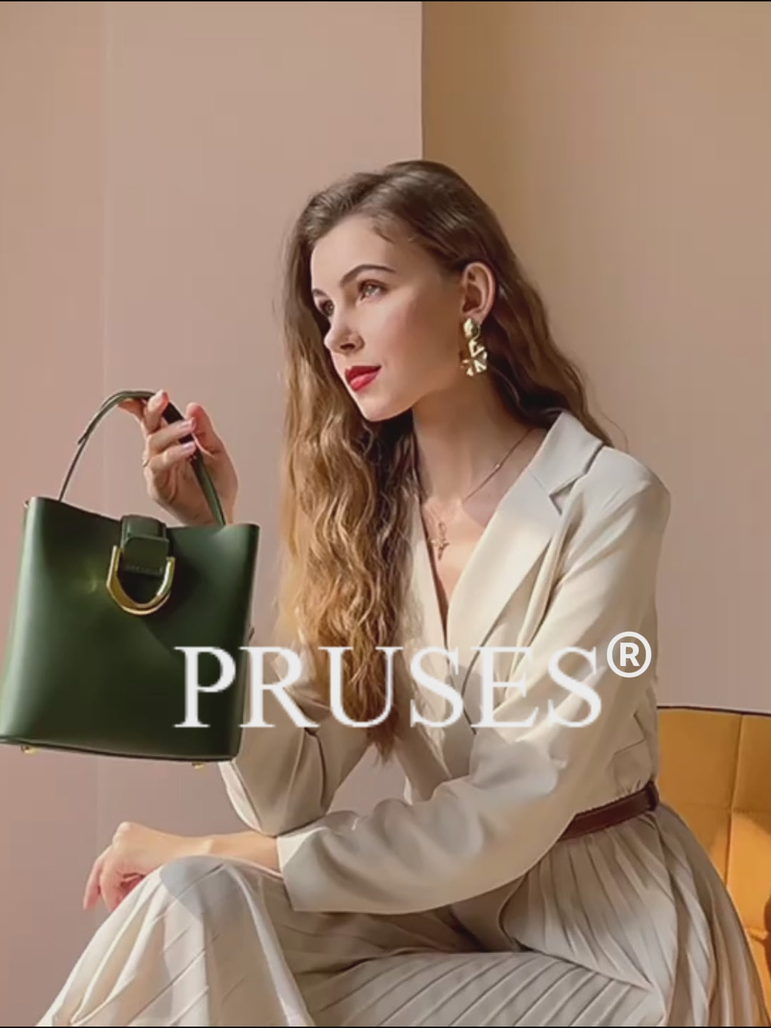 Women’s Genuine Leather Top Handle Crossbody Bucket Bag In Green, Shown On Model For Styling