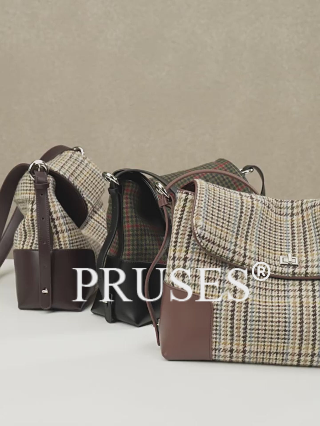 women Genuine Leather Patchwork Houndstooth Bag  pruses vedio