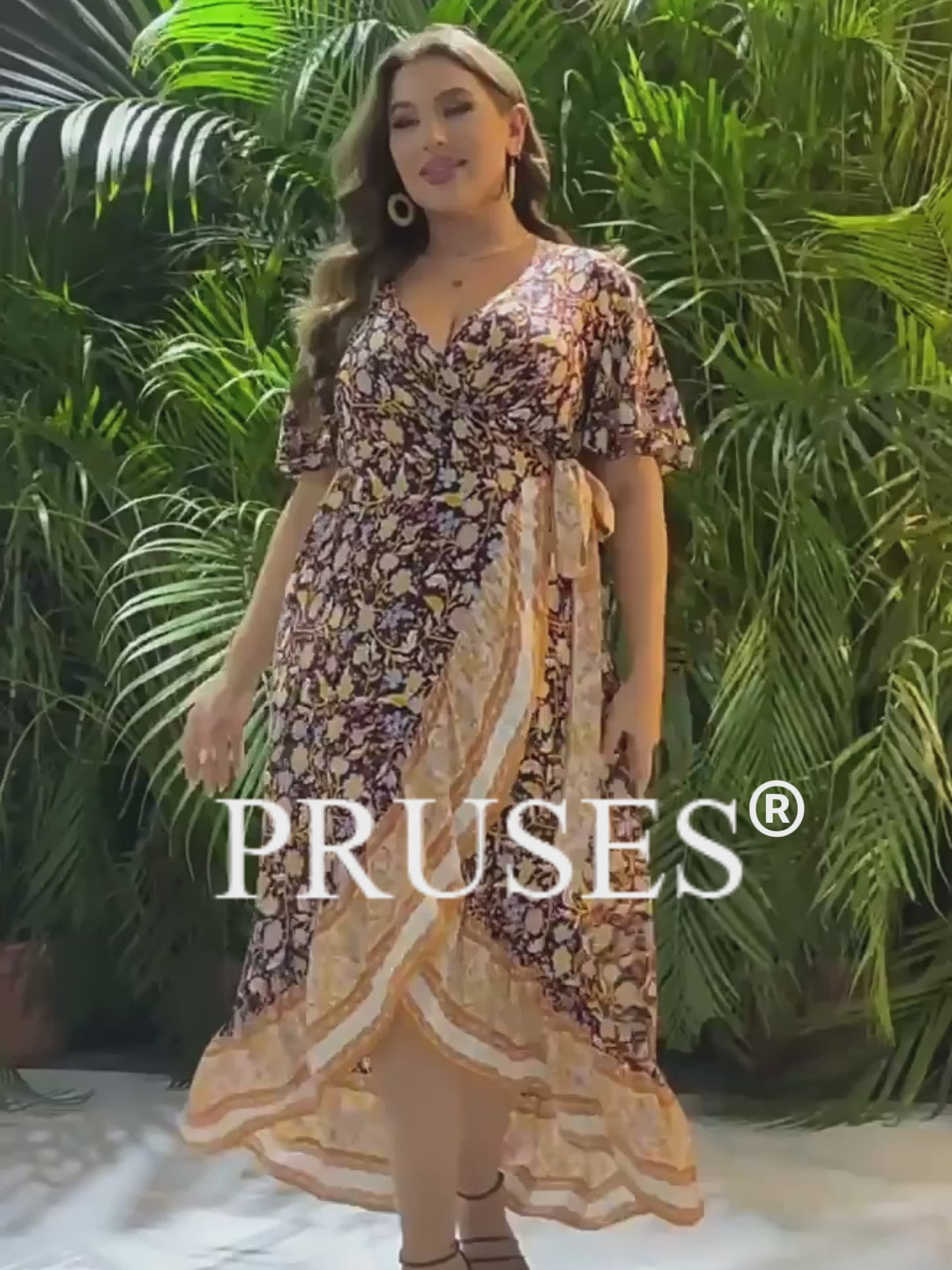Women Plus Size Boho Floral V-Neck Wrap Split Dress