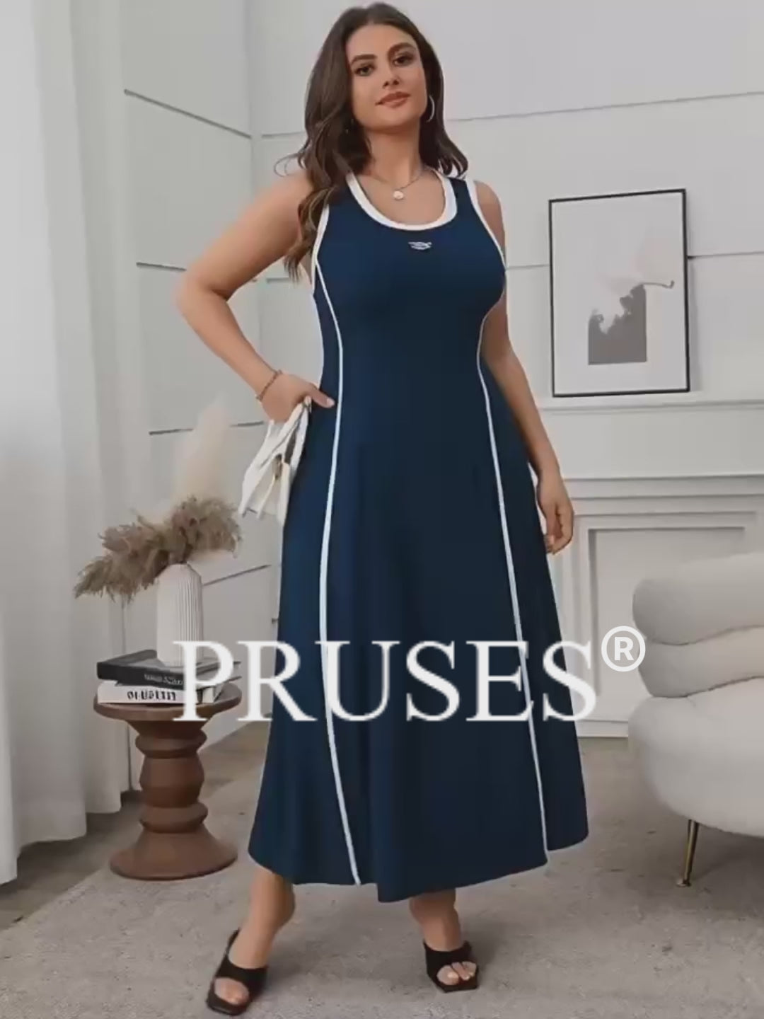 Women Plus Size Sporty Contrast Stripe A-Line Sleeveless Dress