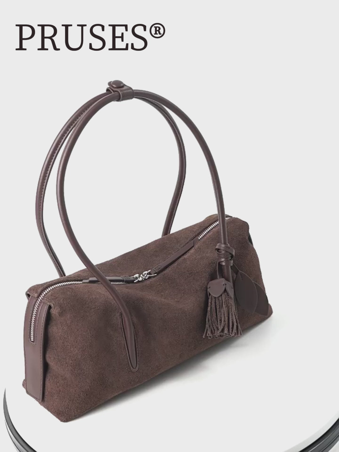 Women's Nubuck Leather Tassel Shoulder Pillow Bag detail PRUSES vedio