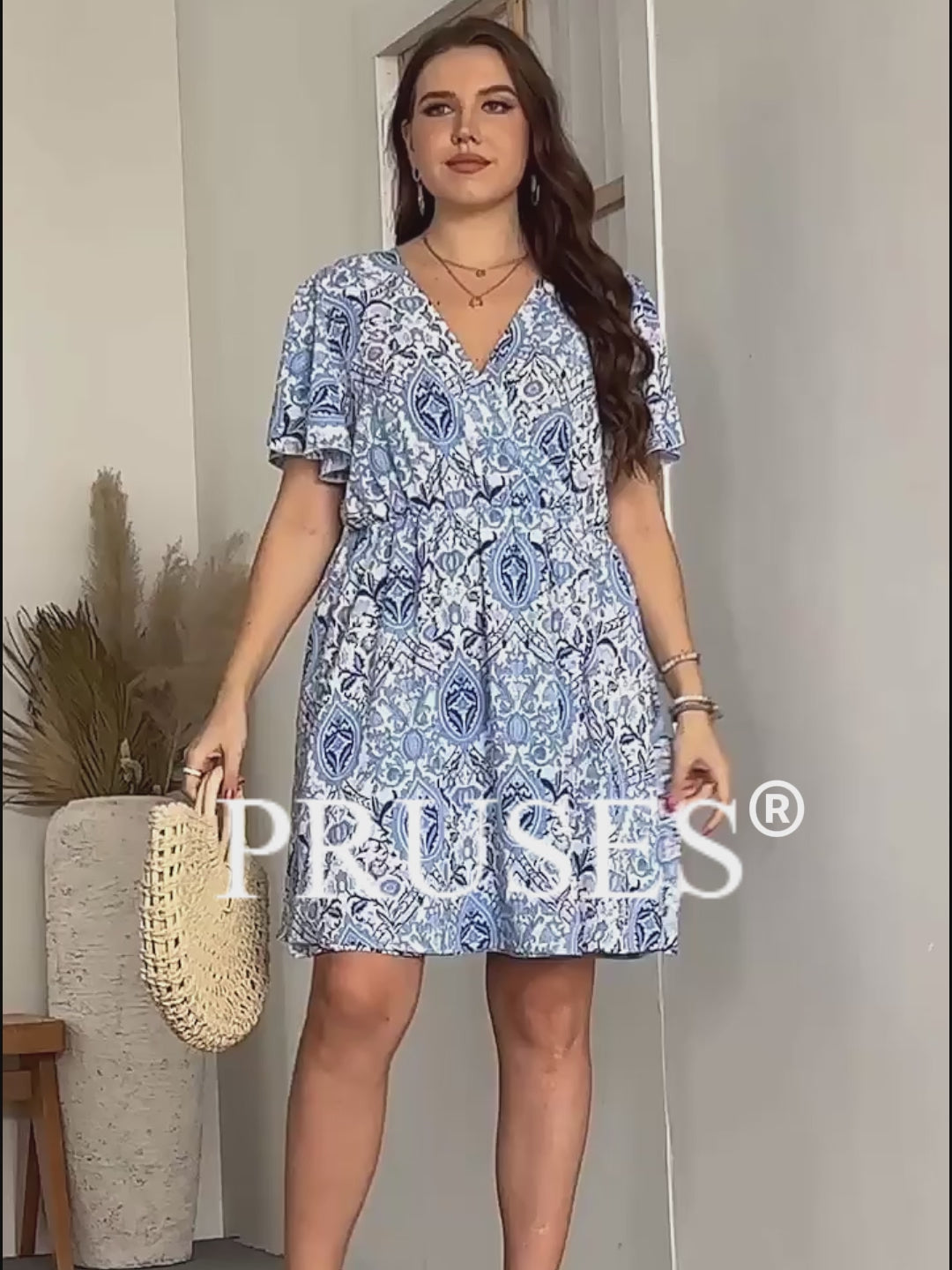 Women Plus Size Blue Boho V-Neck Short Sleeve Vacation Dress