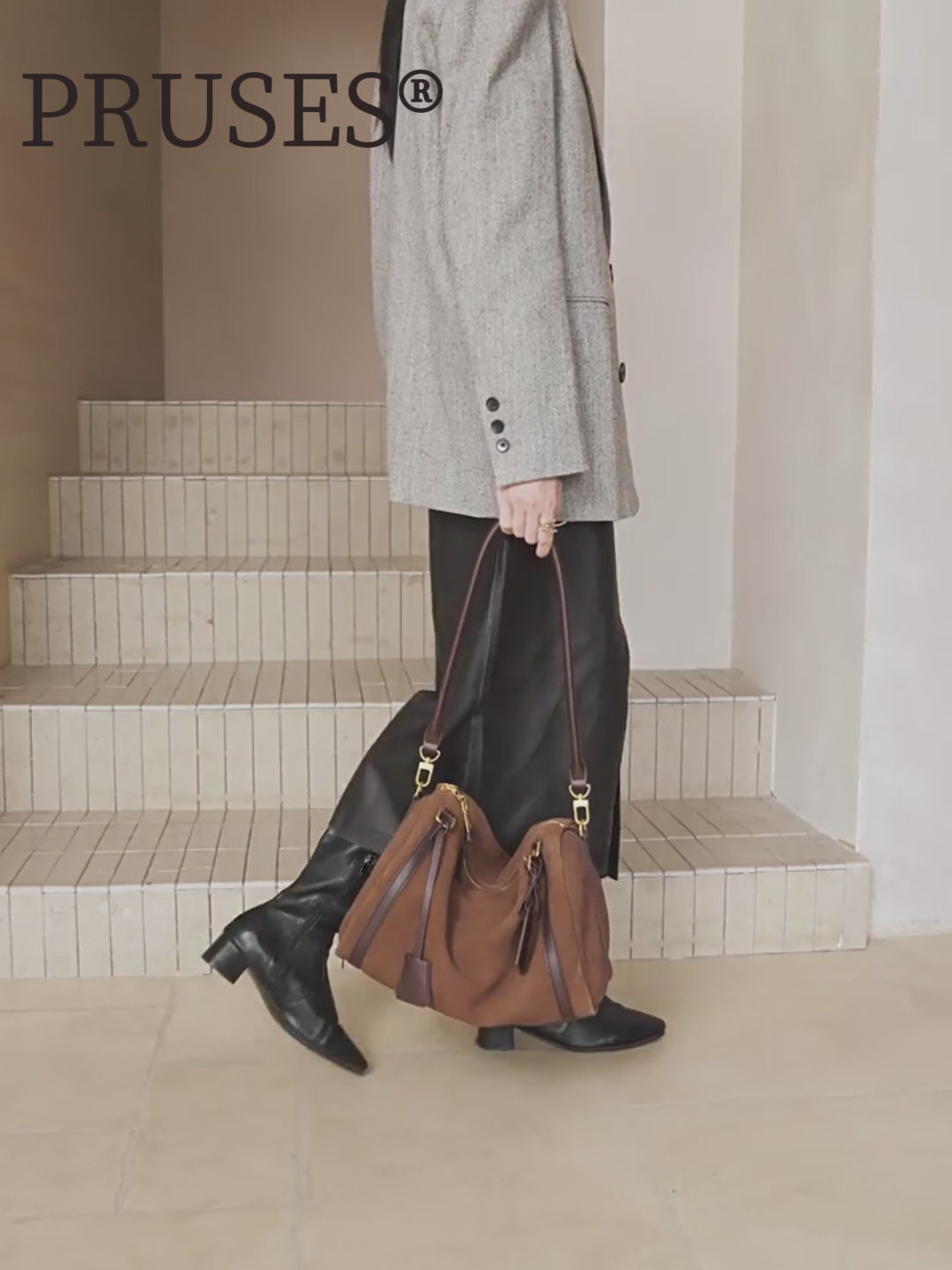 Women's Large Suede Leather Boston Tote Bag PRUSES detail vedio