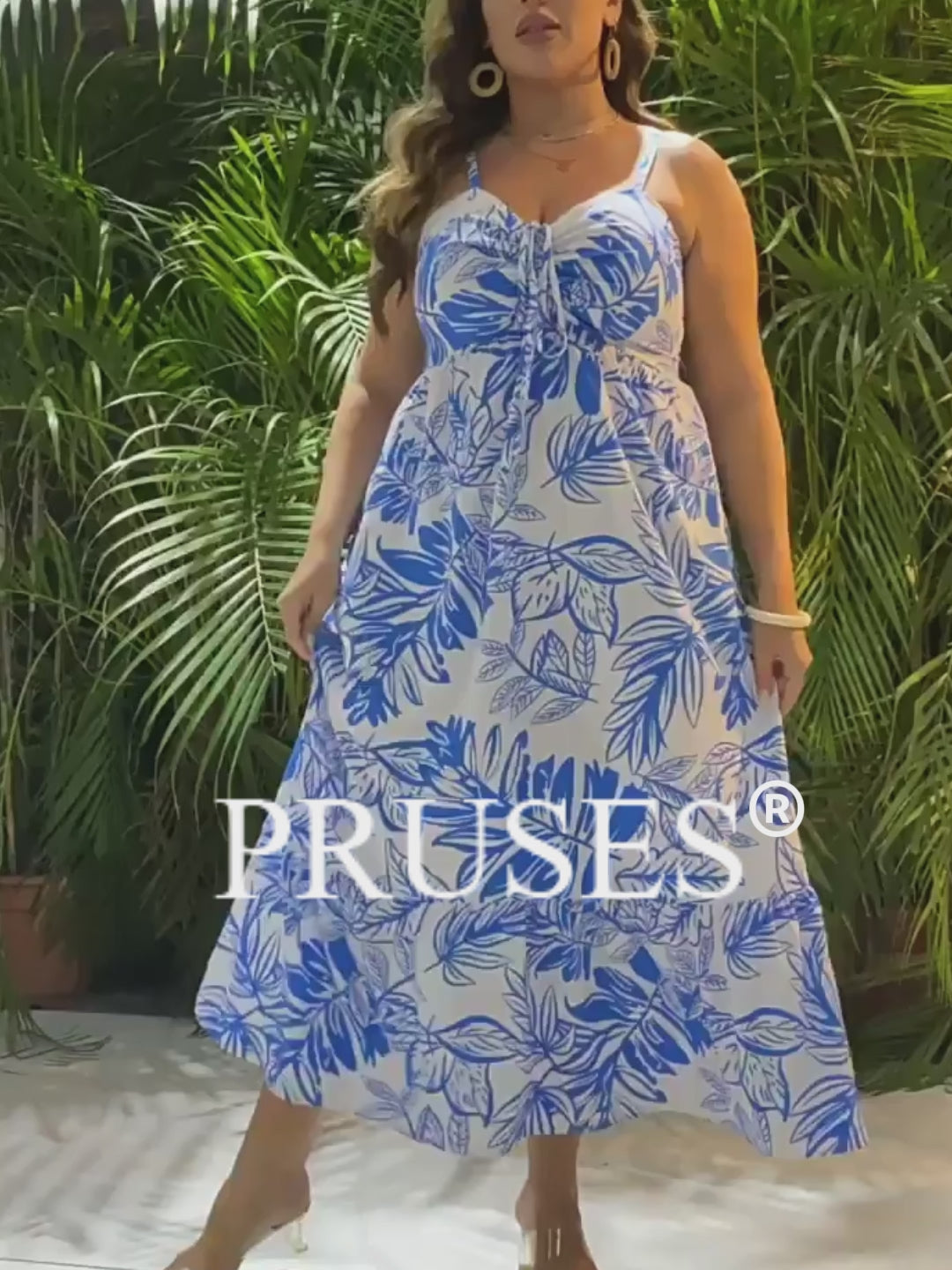 Women Plus Size Blue Print Tie-Front Spaghetti Strap Dress