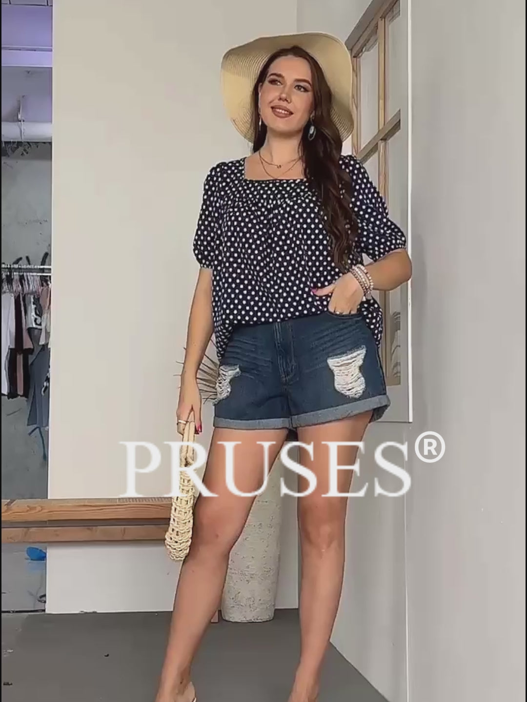 Women Plus Size Polka Dot Square Neck Puff Sleeve Blouse Video