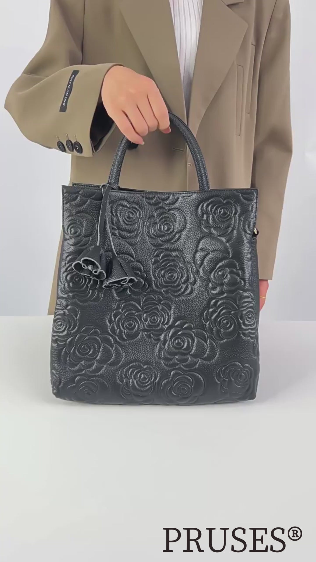 Womens Cowhide Rose-Embossed Crossbody Tote Bag detail PRUSES vedio

