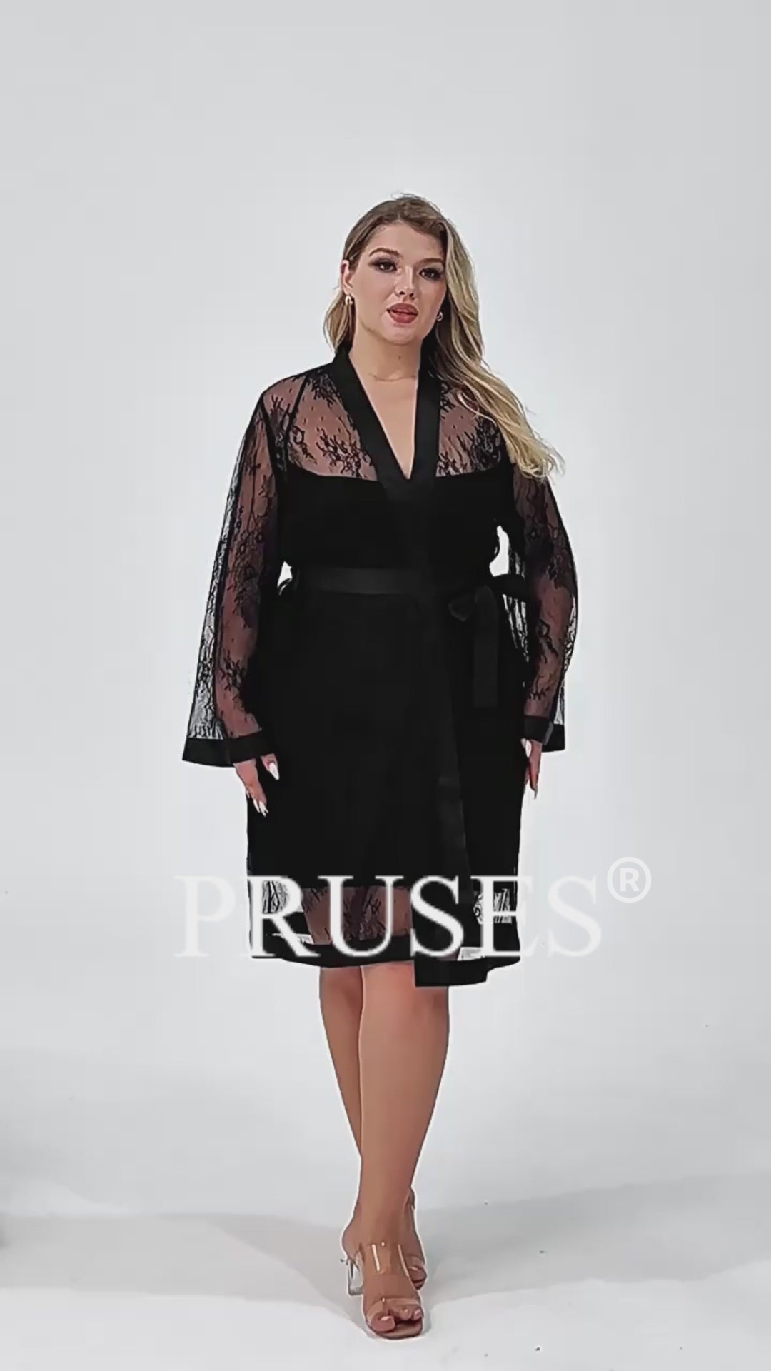Women Plus Size Elegant Black Lace Sheer Robe