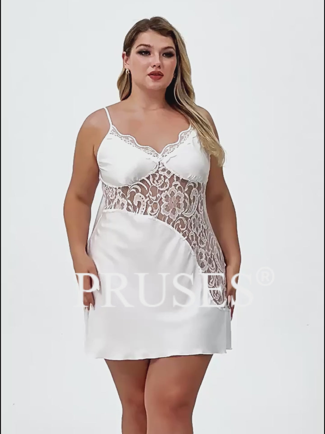 Women Plus Size White Satin Lace Panel Slip Nightgown pruses vedio
