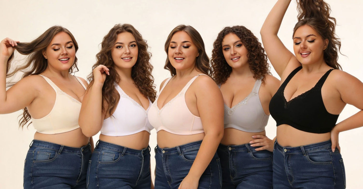Five Women Wearing Plus Size Bras and jeans 