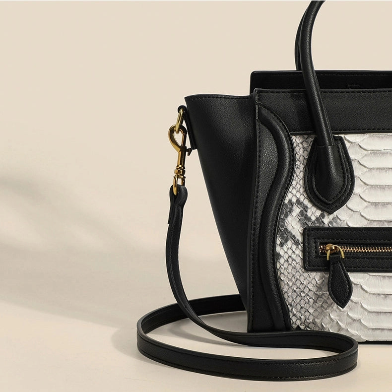 Black and White Smiling Face Leather Python Printed Tote Handbags | PRUSES