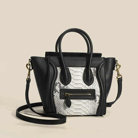 Black and White Smiling Face Leather Python Printed Tote Handbags | PRUSES