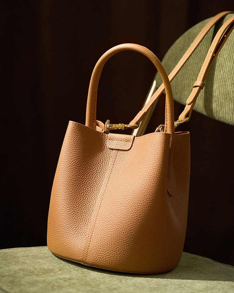 Brown Leather Bucket Bag with Top Handle