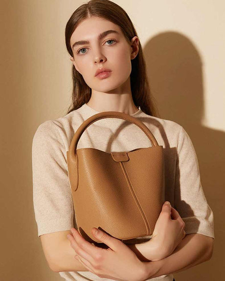 Brown Genuine Leather Bucket Handbag