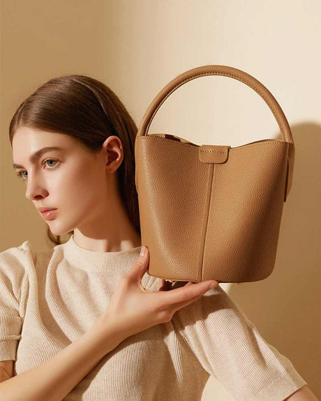 Women's Brown Genuine Leather Structured Bucket Handbag 