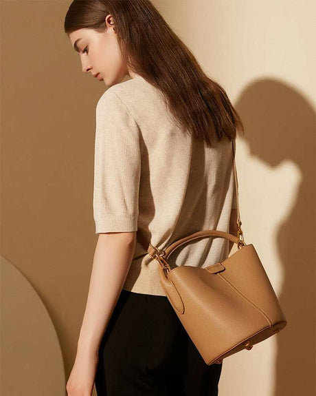 Women's Brown Leather Structured Bucket Handbag 