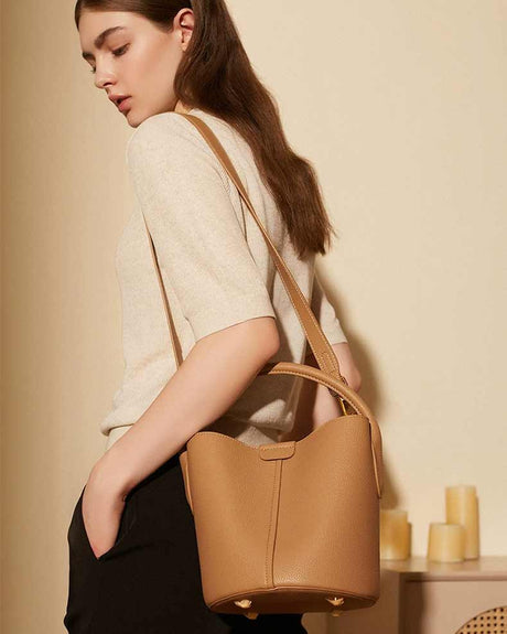 Brown Genuine Leather Structured Bucket Handbag 