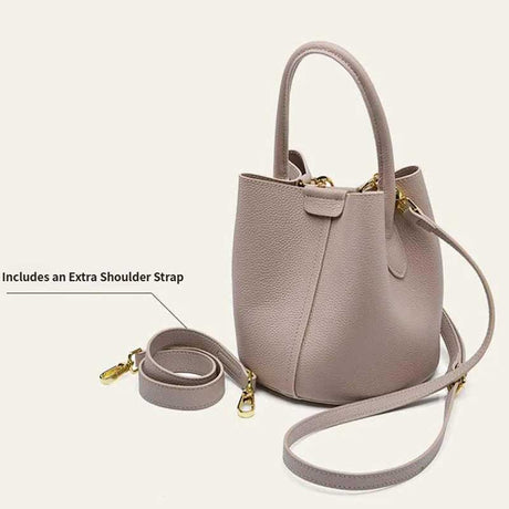 Gray Leather Bucket Handbag with an Extra Shoulder Strap
