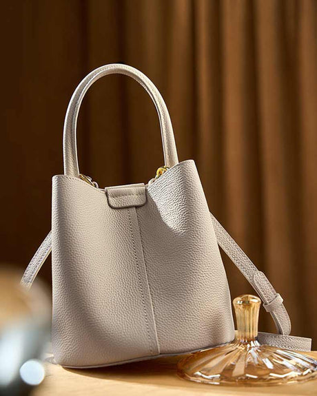 Women's Gray Leather Bucket Bag with Top Handle