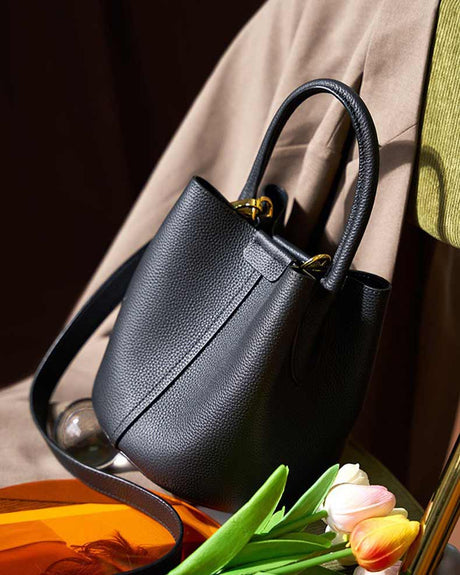 Women's BlackLeather Bucket Bag with Top Handle