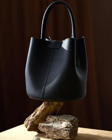 Women's BlackLeather Bucket Tote Bag