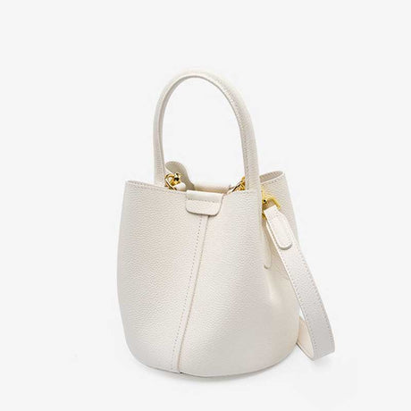 Women's White Leather Bucket Bag with Top Handle