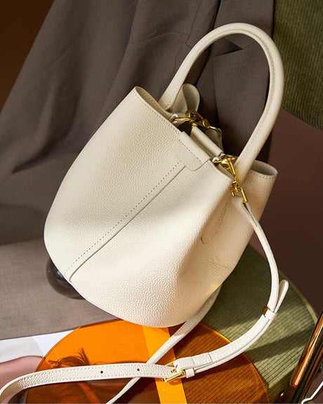 Women's Off-White Genuine Leather Bucket Bag with Top Handle