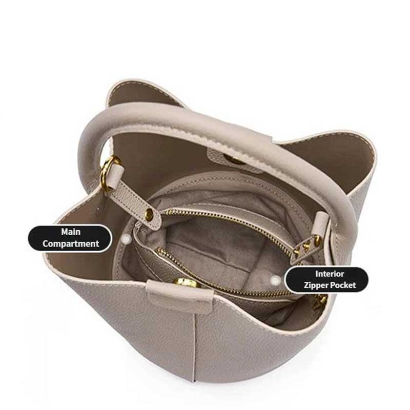Gray Genuine Leather Bucket Tote Bag 