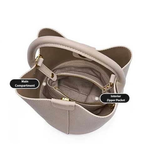 Gray Genuine Leather Bucket Tote Bag 